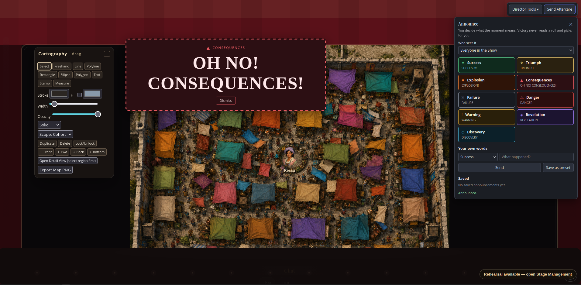 Victory stage with Cartography tools and an Announce consequence panel open