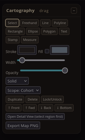Cartography map tools panel with drawing and measurement controls