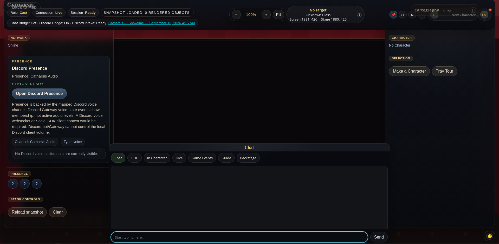 Catharsis live stage with chat, presence, and character panels open