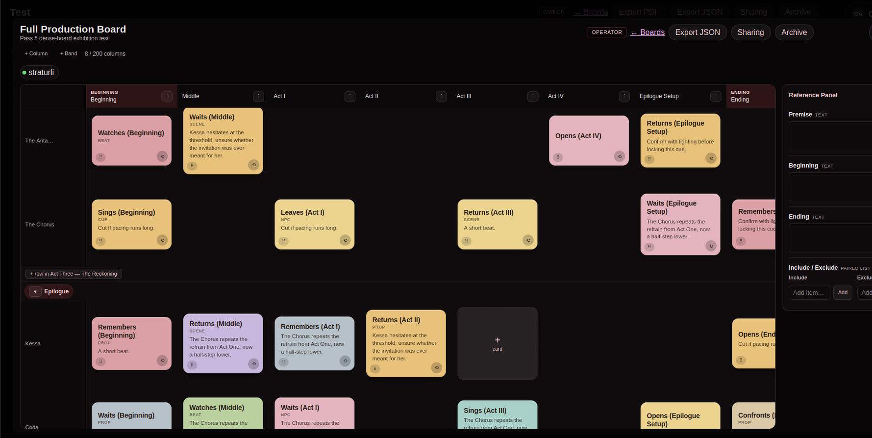 Full Production Board with acts, scenes, cues, and reference fields