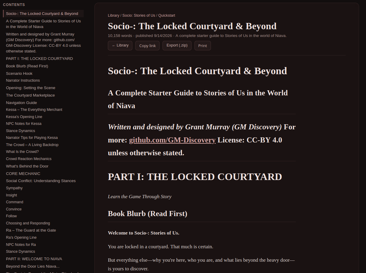 Library reader displaying the Socio starter guide with contents navigation