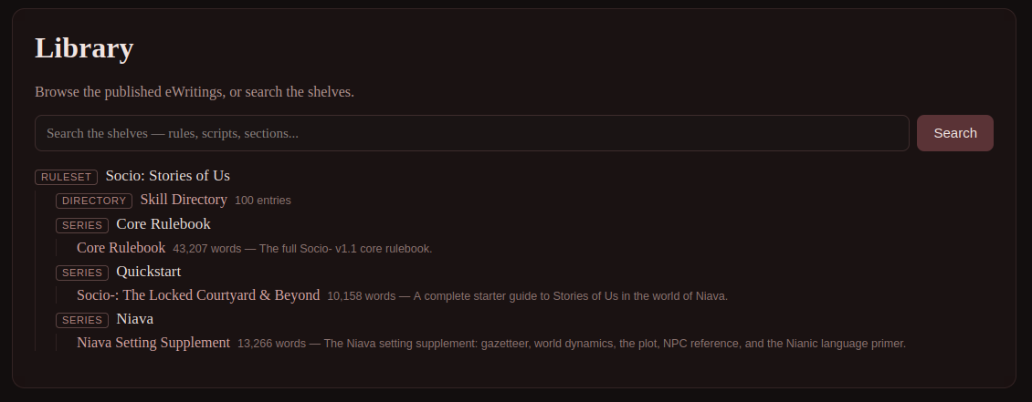 Victory Library listing Socio stories, rulesets, directories, and series