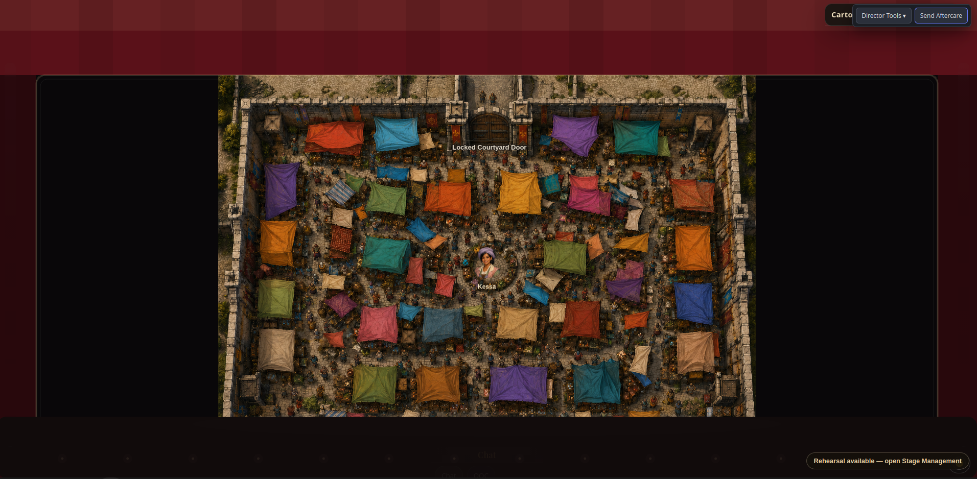 Populated Victory stage showing a dense market map with a character and director controls