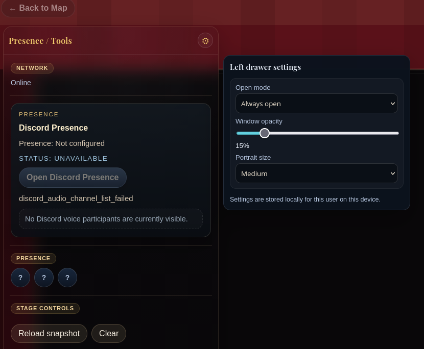 Catharsis Presence and Tools drawer with Discord settings