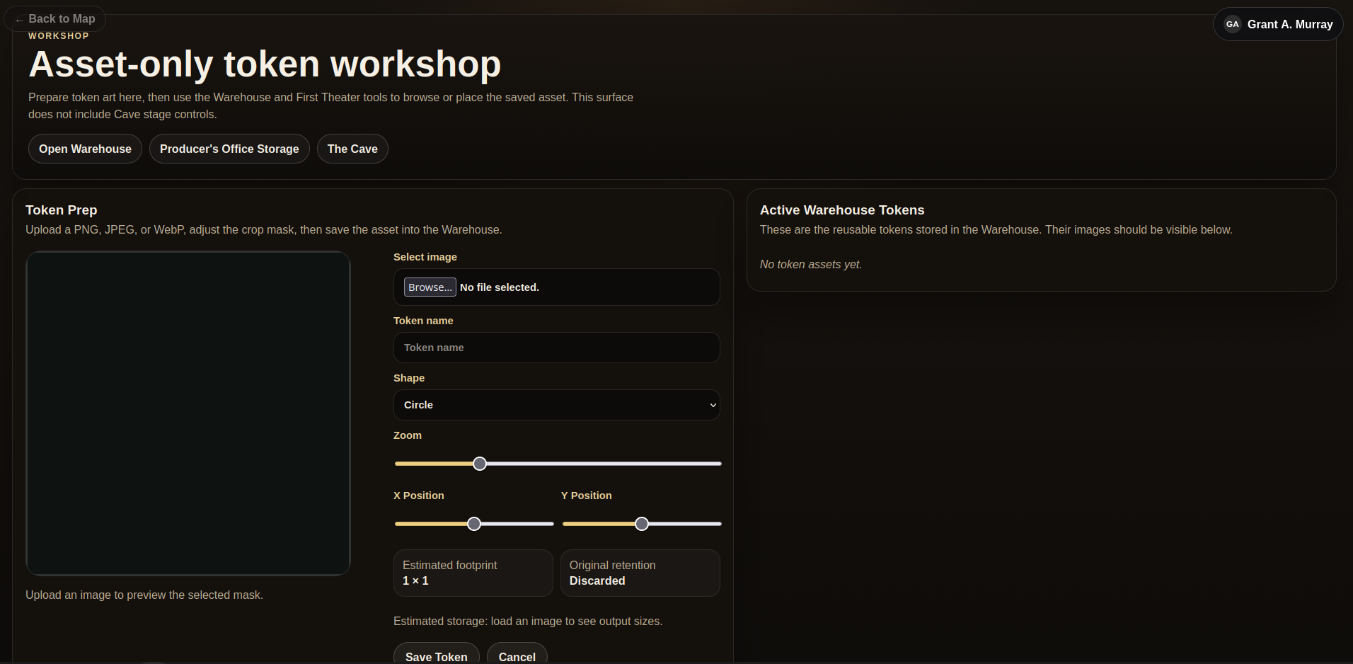 Asset-only token workshop with token preparation controls and warehouse panel